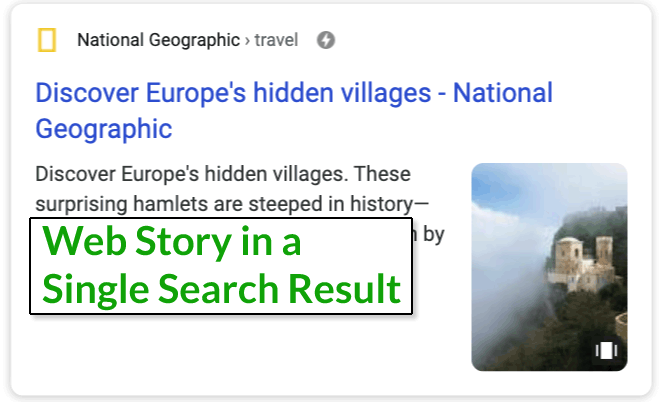 Captura de pantalla de una historia web única en un resultado de búsqueda