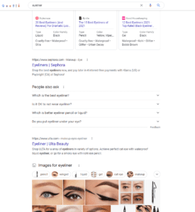 Página de resultados del motor de búsqueda para "delineador de ojos" consulta, mostrando bloque de preguntas y respuestas, imágenes, anuncios y resultados orgánicos