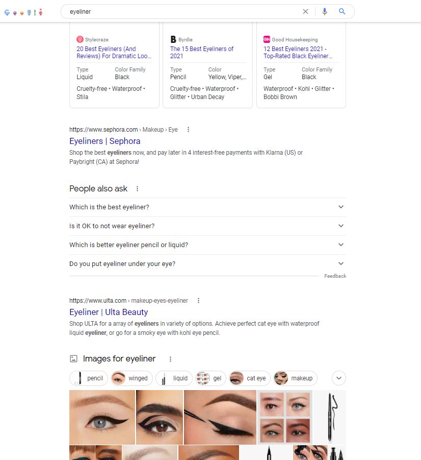 Página de resultados del motor de búsqueda para "delineador de ojos" consulta, mostrando bloque de preguntas y respuestas, imágenes, anuncios y resultados orgánicos