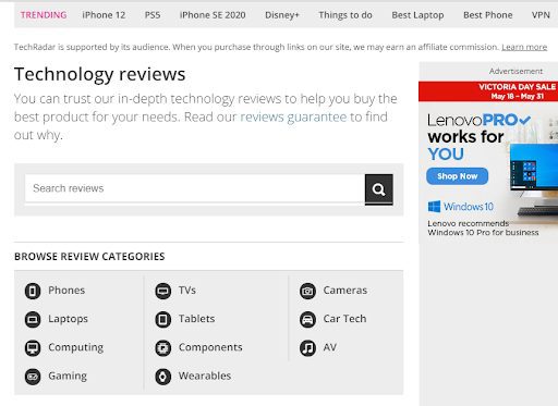 Captura de pantalla de un sitio de revisión de productos;  construcción de enlaces para sitios de comercio electrónico