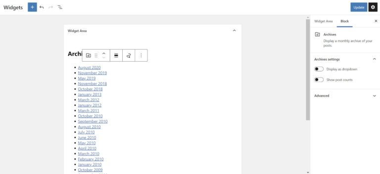 El plugin de widgets clásicos deshabilita el próximo sistema de widgets basados en bloques de WordPress 5.8 3 Pantalla de widgets que convierte la barra lateral de cada tema en un contenedor de bloques.